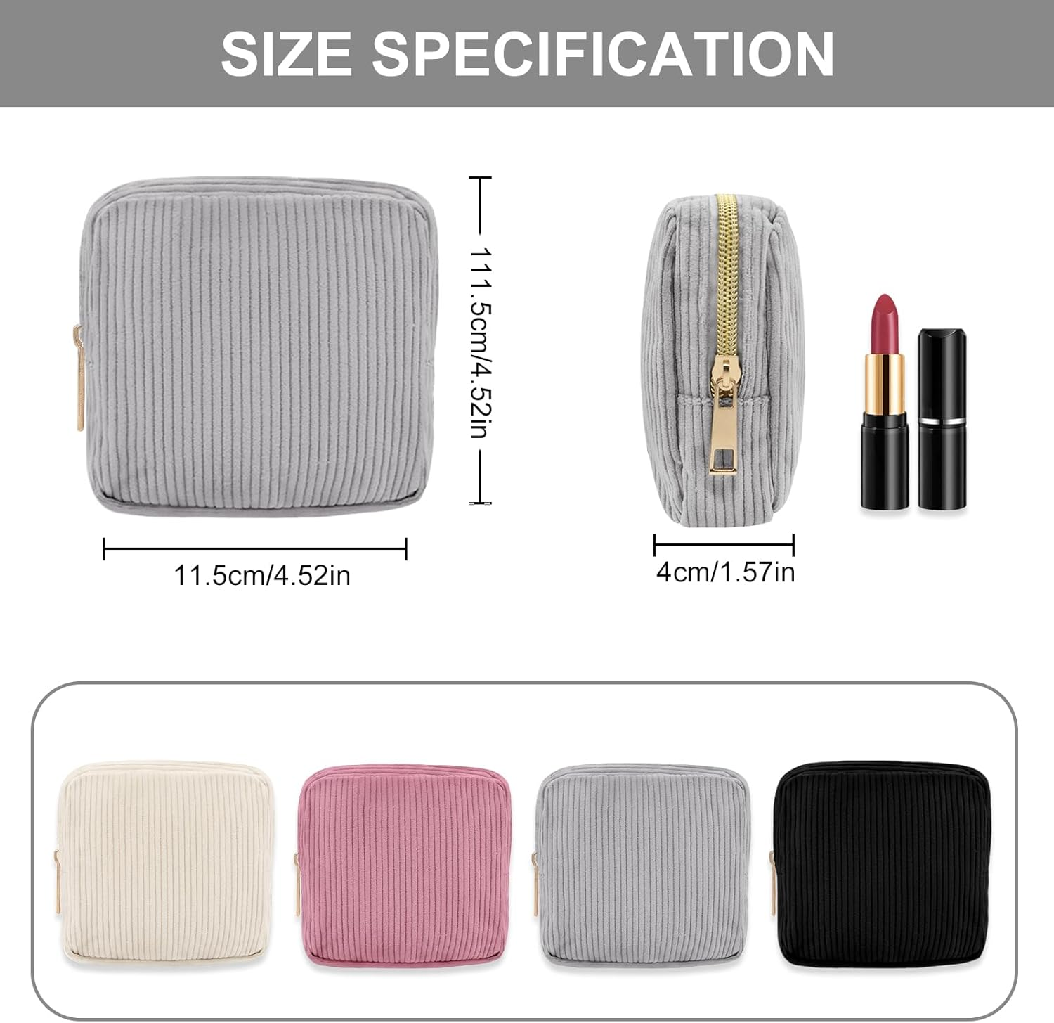Long Keeper Small Cosmetic Bag for Women Mini Make up Bag for Handbag Solid Colour Cord Makeup Bag with Compartments Travel Makeup Bag for Women, Pure Grey, Portable Cosmetic Bag image number 2
