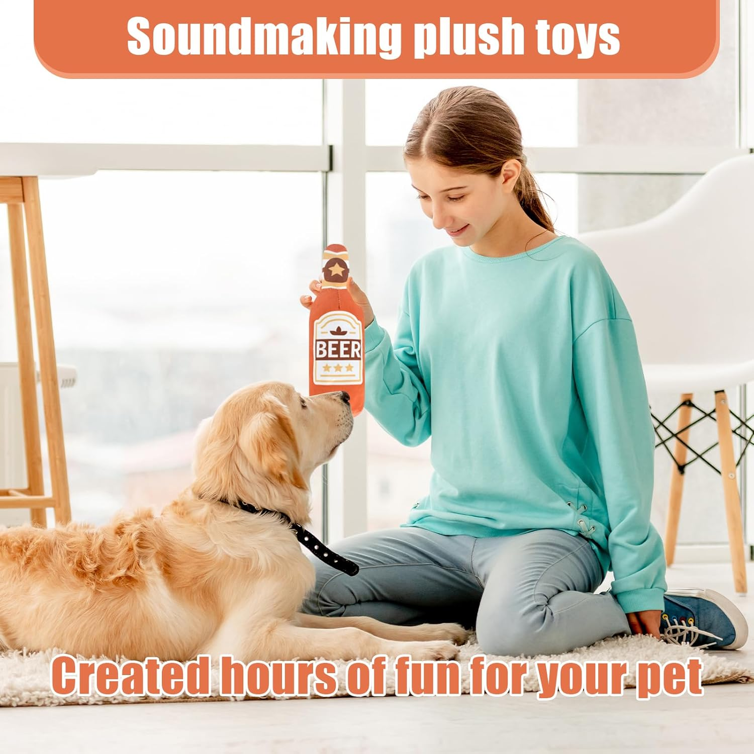 Squeaky Dog Interactive Play Toy, Dog Toys, Interactive Dog Chew Toy, Beer Bottle Plush Puppy Toys Portable Funny Cute Pet Plush Squeaky Dog Toy for Small Medium Dogs and Other Pets (Orange) image number 6