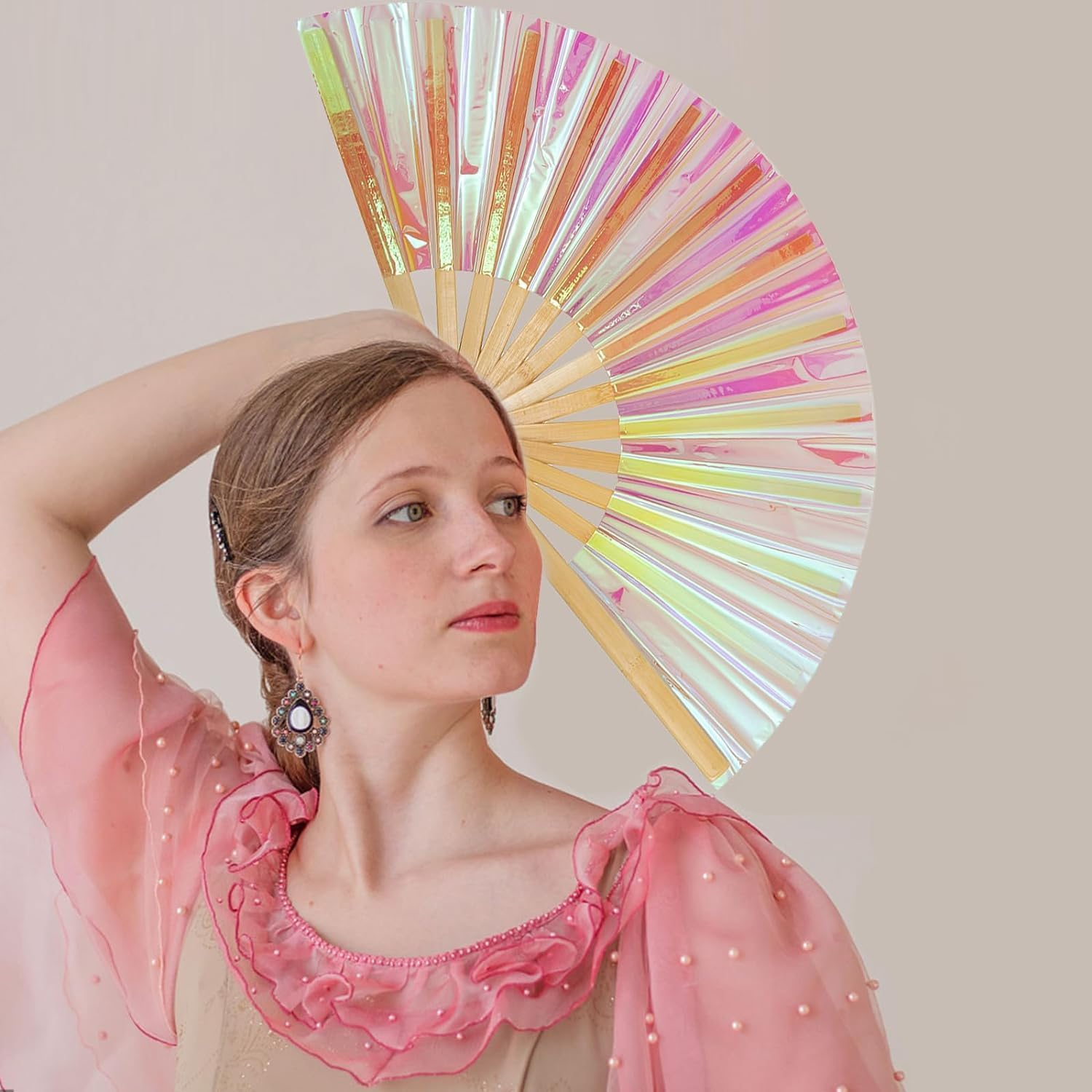 Large Folding Hand Rave Fan,Clack Handheld Fan for Party,Festival Bamboo Hand Fan Large Folding Fan with Bright Color (Style 1, One Size) image number 6