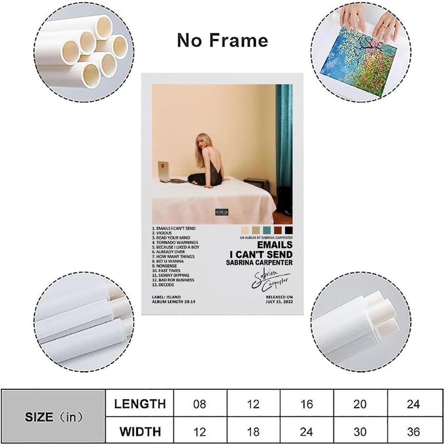 Sabrina Poster Carpenter Emails I Can'T Send Music Album Poster Canvas Painting Wall Art Picture Home Decor Print for Bedroom Living Room Dorm Study Bar Office 16X24Inch(40X60Cm)