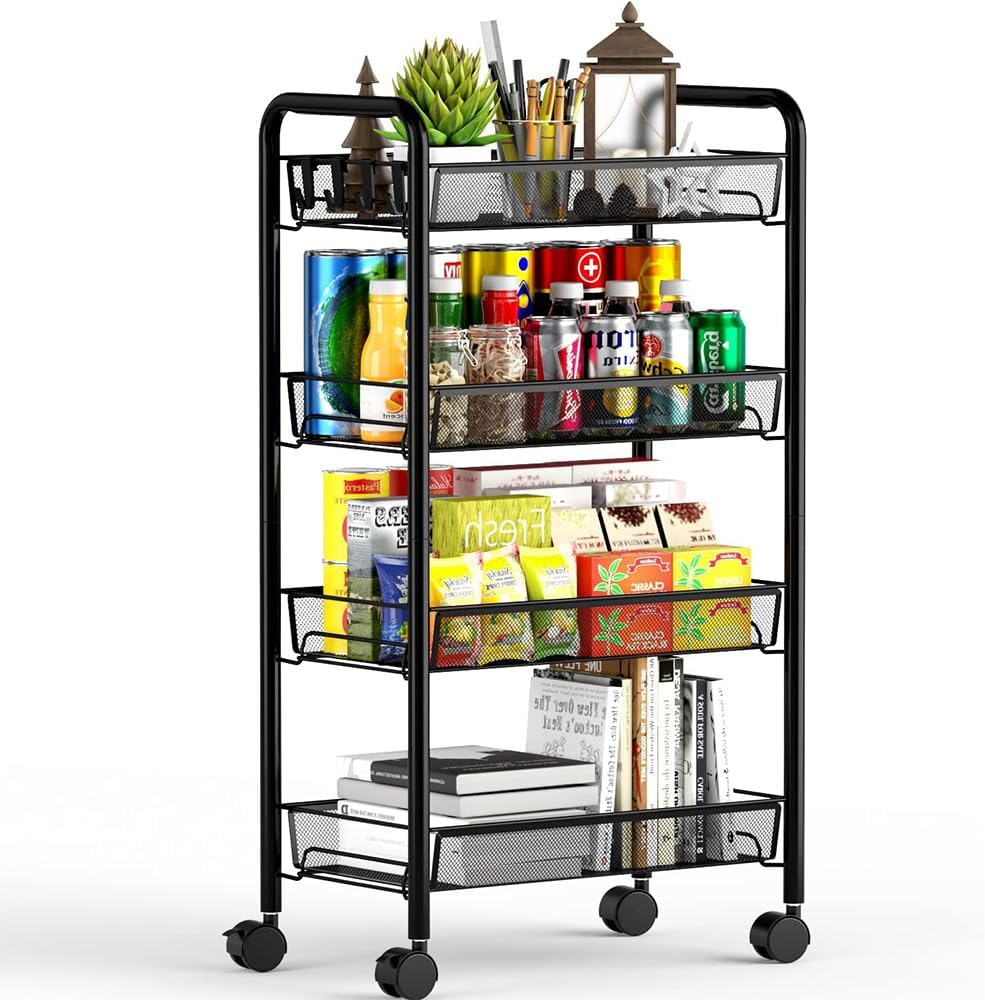 SHENMAIDAY 4-Tier Rolling Storage Rack Cart, Multi-Function Practical Storage Rack, Metal Mesh Rolling Cart, Kitchen Storage Cart with Wheels and 4 Side Hooks,Movable Trolley (Black) image number 6