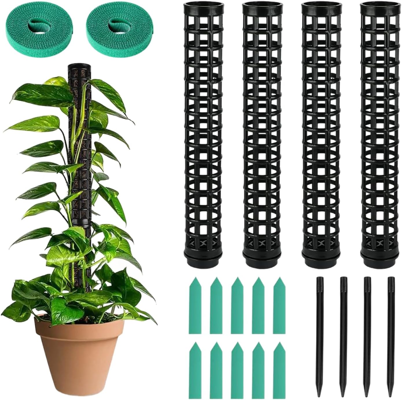 MLUOTALY Plastic Moss Poles for Climbing Plants, Indoor Plants Hollow Plant Pole with Labels and Garden Ties, Stackable Plant Support Stakes for Indoor Plants, Monstera, Vines (4PCS)