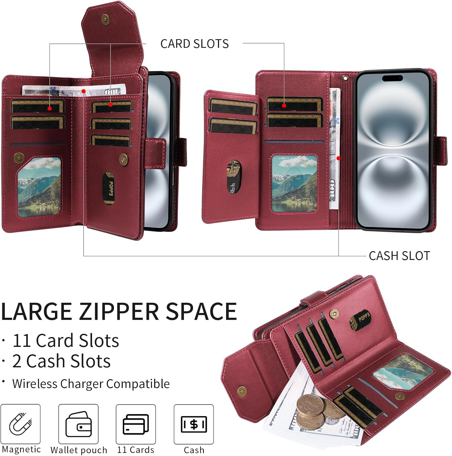 For Iphone 17 Pro Wallet Case with Card Holders Money Slots Wrist Strap,For Iphone 17 Pro Leather Folio Flip Case Kickstand Phone Cover-Wine Red