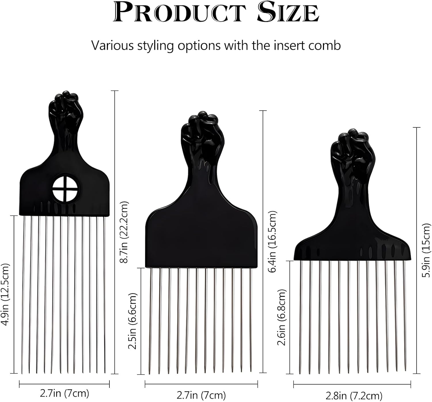 Stylish 3-Piece Black Metal Afro Hair Pick Set: Stainless Steel Wide-Tooth Combs with Classic Fist Design, Essential for Curly & Afro Hair Care and Styling image number 5