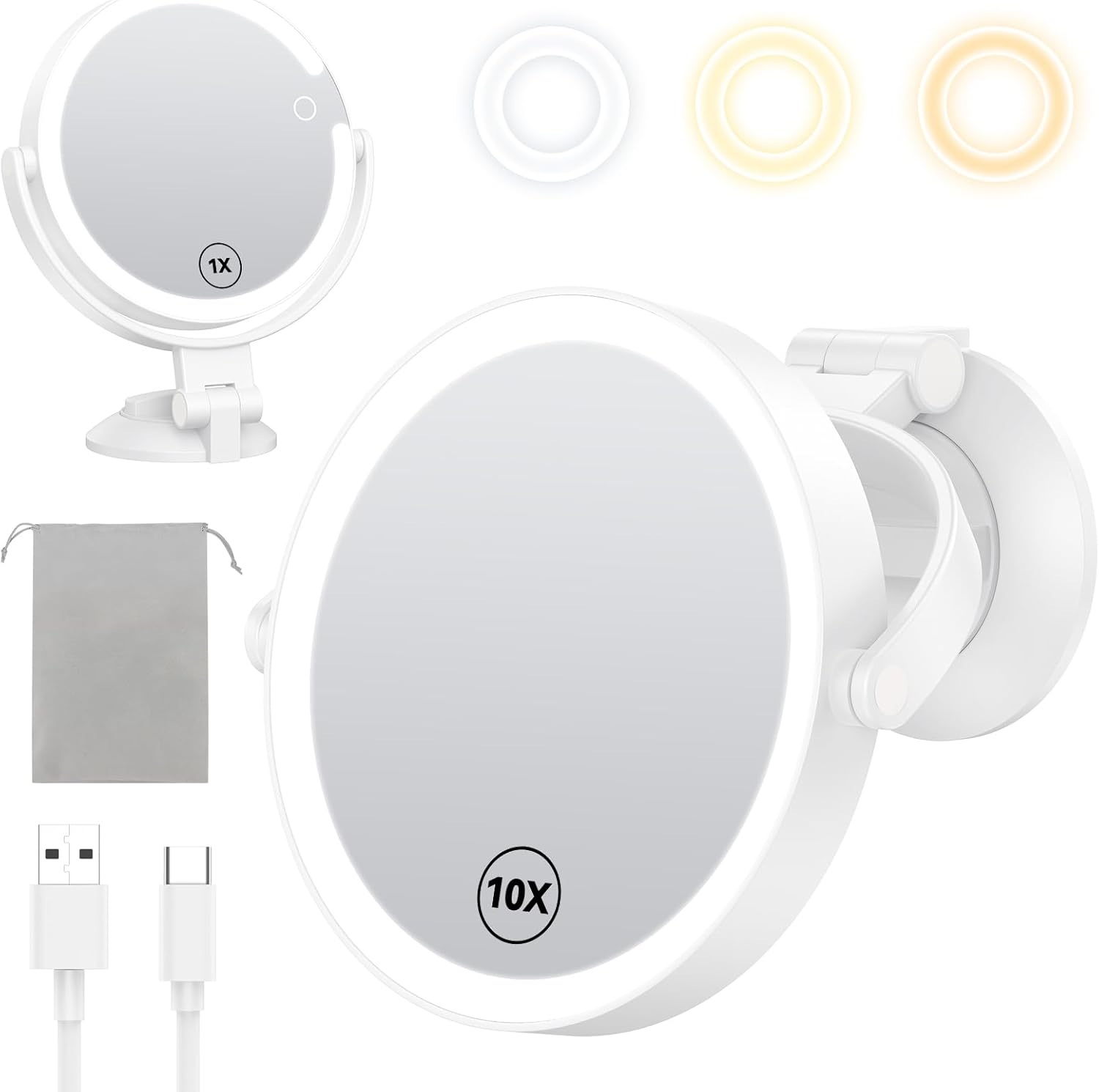 Gospire 7" Wall Mounted Makeup Mirror with Lights and Magnification 10X, 3 Color Lighted Bathroom Mirror with Powerful Locking Suction Cup, Shaving Mirror for Men, Led Mirror for Desk - White image number 5