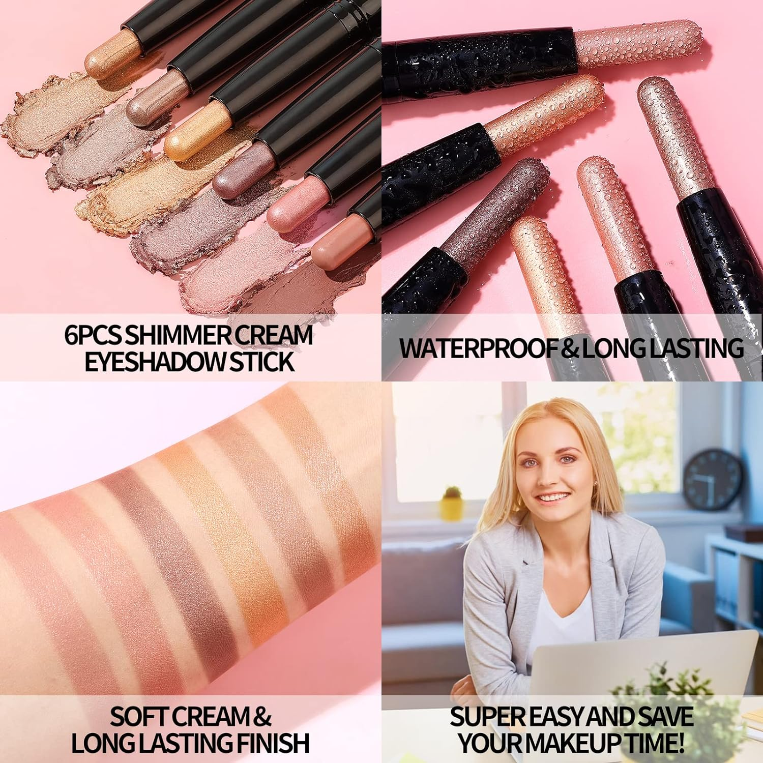 KIMUSE 6PCS Shimmer Cream Eyeshadow Stick,Brightener Eyeshadow Pencil Crayon,Waterproof Eye Shadow Stick Sets with Crease-Proof, Smudge-Proof and Long Lasting Eye Shadow Make up (Brightener Set) image number 3