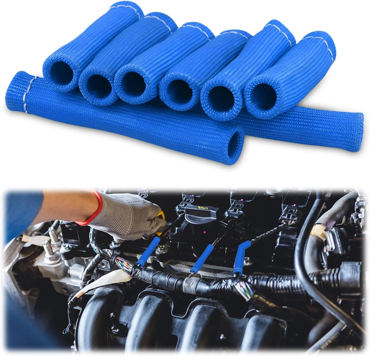 8Pcs Spark Plug Wire Heat Shield for Ford Chevrolet, 5.51X1.46In 2500 Degree Spark Plug Heat Boot Cover Protector Replacement Plug Wire Heat Protection Sleeve for LS1 / LS2 SBC BBC 350 454(Blue) image number 4