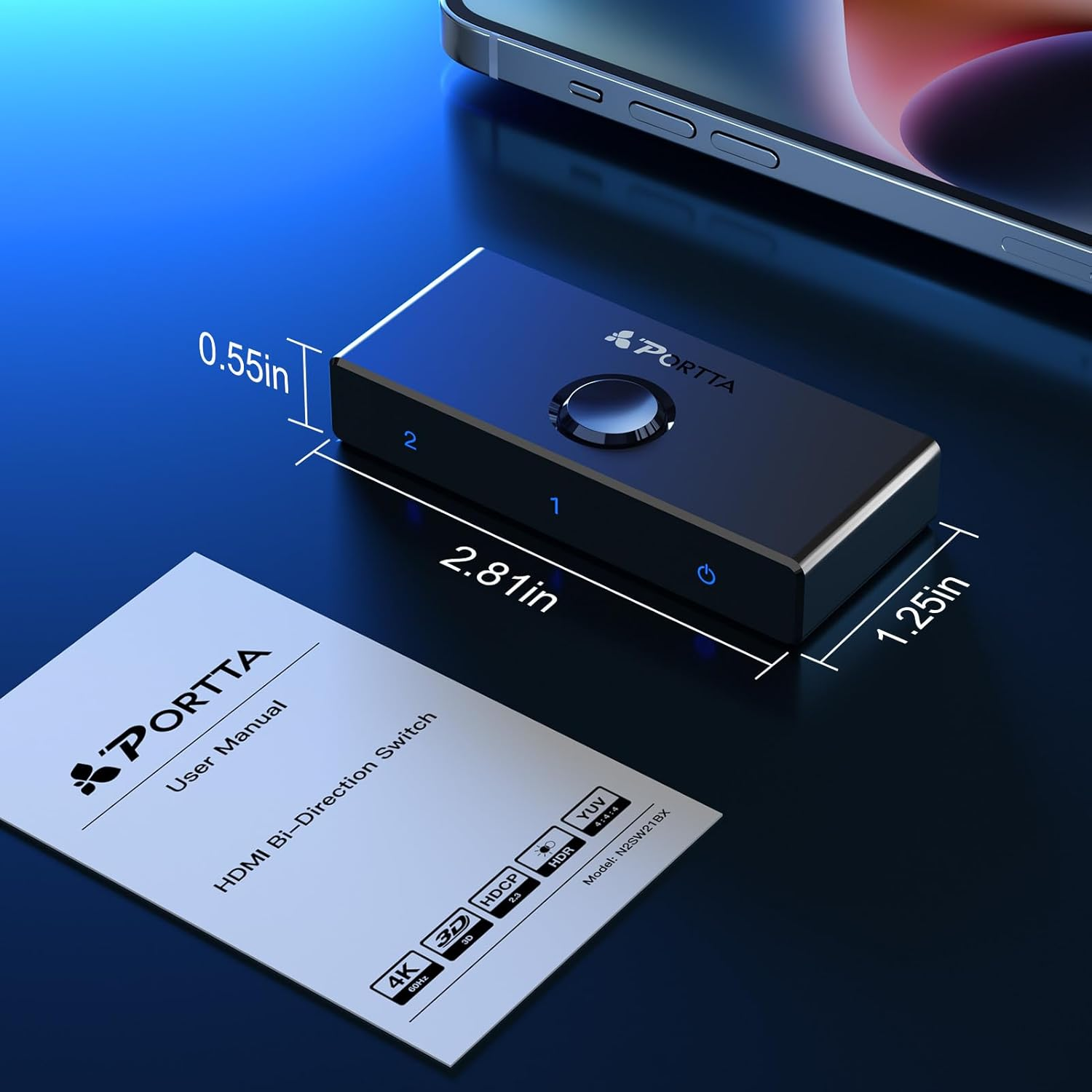 HDMI Switch 4K 60Hz, PORTTA Bi-Directional HDMI Splitter 1 in 2 Out, HDMI 2.0 Switcher 2 in 1 Out Hub Support HDR HDCP2.3 Compatible with Laptop, PS4, PS5, HDTV, Monitor (Support 1 Display at a Time) image number 6