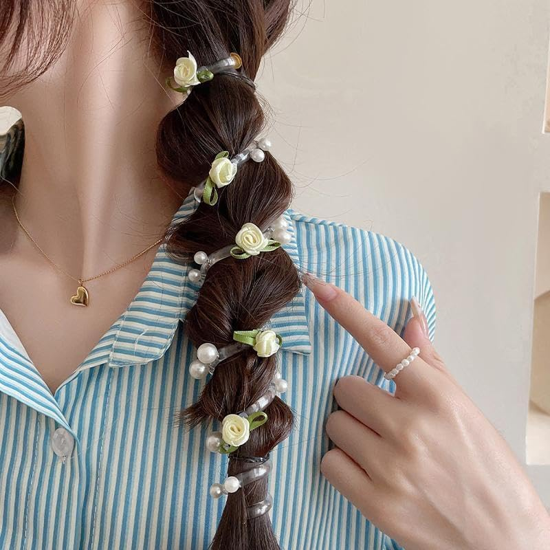 Gaodercha 4 Pack No Damage Soft Elastic Spiral Hair Ties Pearl Twisted Hair Wire Pony Hairs Tie Pearl Flower 2 Styles Hairs Accessories for Women Girls Daily Use image number 4