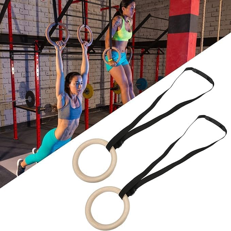 HPAMR Gymnastic Ring, Wooden Gym Rings, Gymnastics Training Annulus, Pull up Annulus Sets with 5.1M Unscaled Webbing for Home Gym Full Body Workout, 661Lbs Supported image number 1