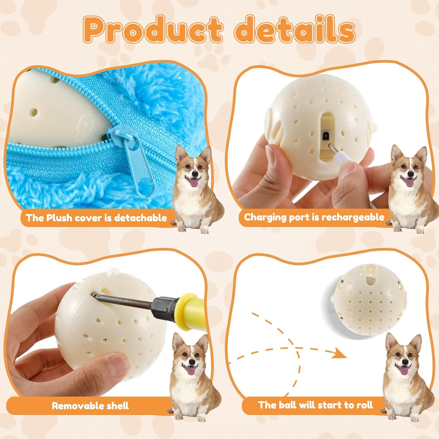 Magic Rolling Ball Fun Interactive Pet Toy Ball with 4 Colorful Plush Covers Automatic Self Rolling Ball Dog Toy Dog Moving Ball Toy Attractive Pet Toy Rolling Ball Portable Dog Ball for Dogs Cats