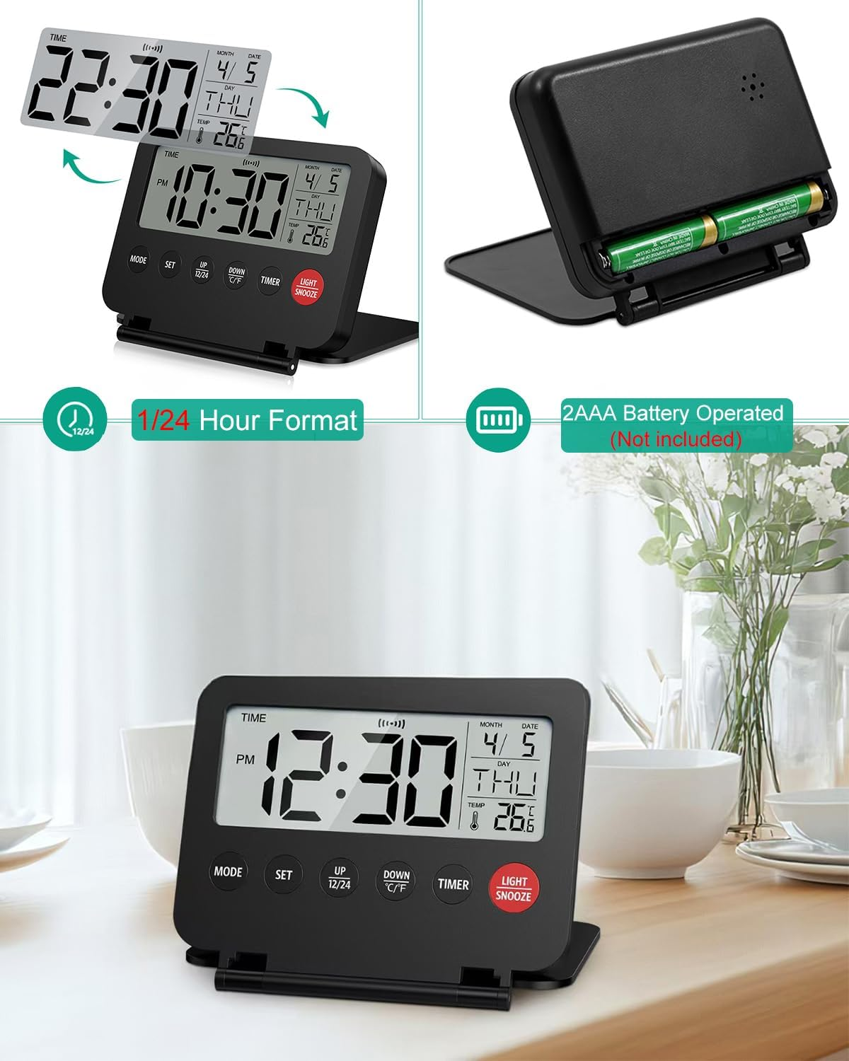 ORIA Digital Travel Alarm Clock, Small Foldable Alarm Clock, Battery Operated LCD Desk Clock, Simple Operation Calendar Clock with Backlight, Date, Temp, Snooze, for Home, Office,Travel image number 3