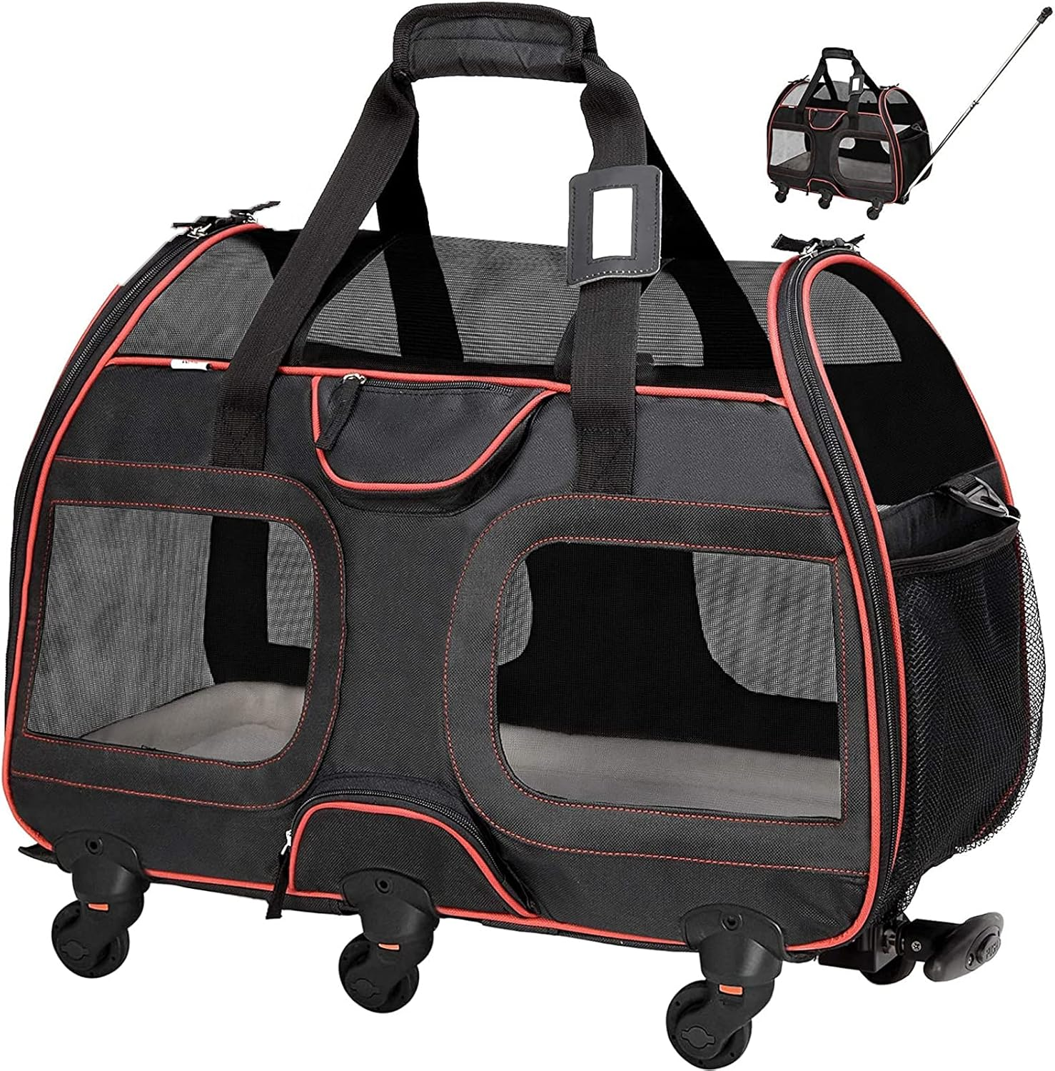 Pet Carrier with Removable Wheels,Small Dog and Cat Carrying Bag with Telescopic Walking Handle, Mesh Ventilation Windows and Safety Leash Hook image number 5