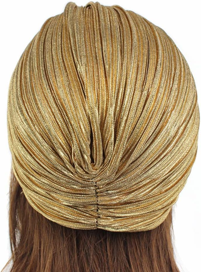 Women Vintage Turban Hat with Rhinestones Flower Decoration Beanie Cap Headwrap for 1920S Gatsby Costume Cocktail Party - Dark Gold image number 7