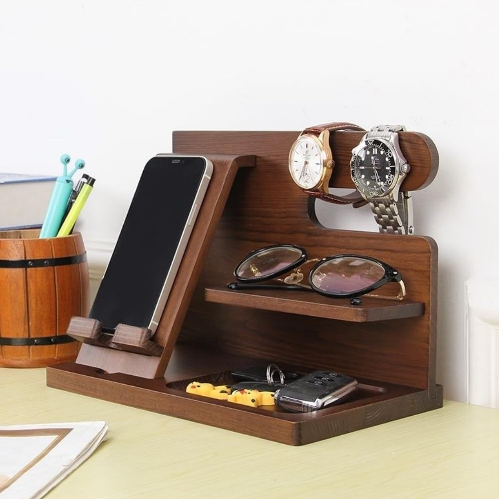Yizunnu Wood Phone Docking Station for Men - Wooden Nightstand Organizer Birthday Gifts for Men or Dad for Men Graduation Anniversary Idea Birthday Gifts