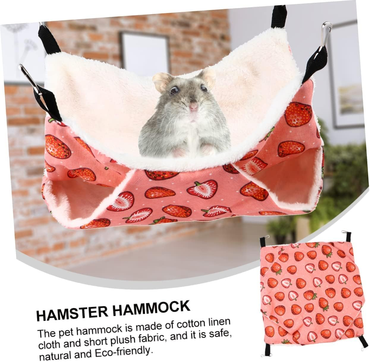 Norhogo Small Animal Hammock Double Layers Hammock for Guinea Pig Rat Ferret Small Pet Hideout with Tunnel Cave Hanging Hammock Pet Accessories, 35 X 35 Cm, Pink Strawberry Pattern image number 2