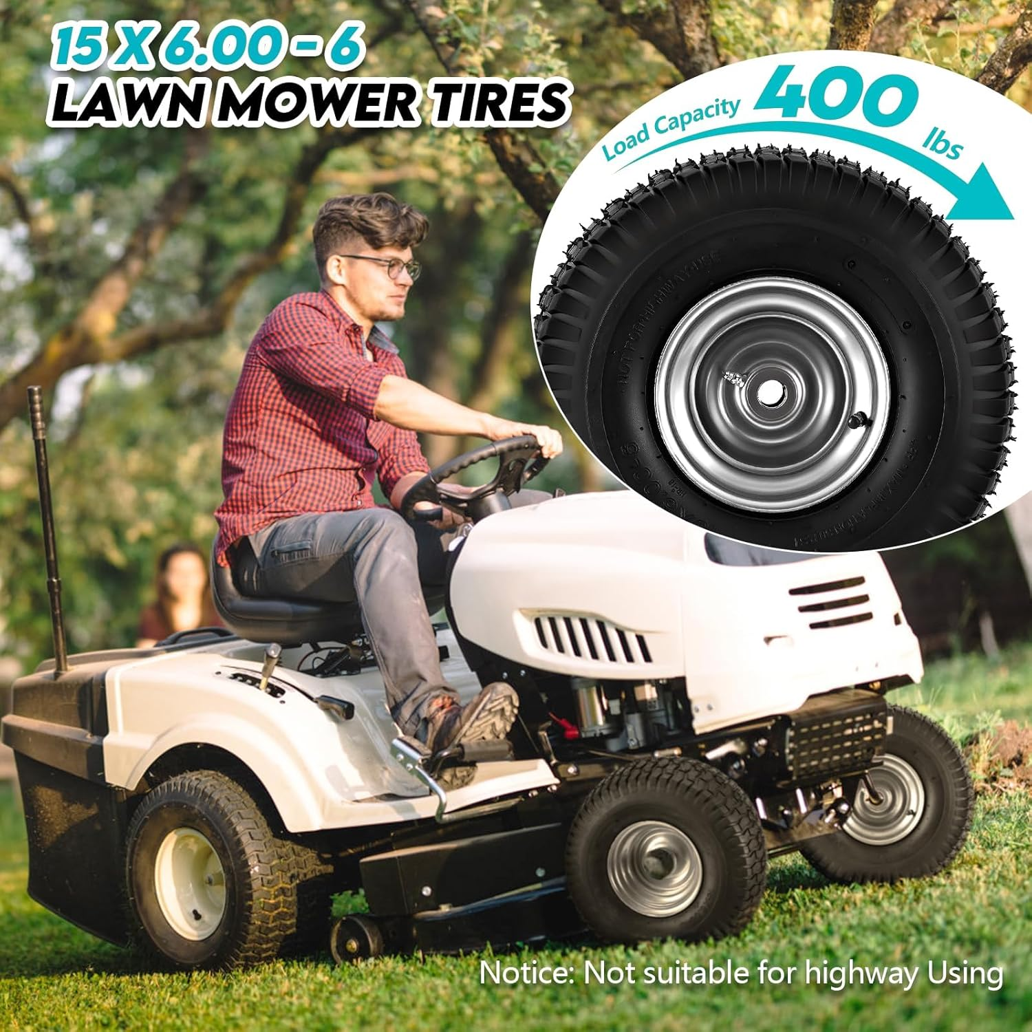 Hsupawa 15X6.00-6 Lawn Mower Tire and Natural Rubber 4 Ply with Tube 2-Pack 400 Lbs Capacity .Wheel Front Tire Compatible with John Deere Craftsman Husqvarna Riding Mowers Lawn Tractorss. image number 3