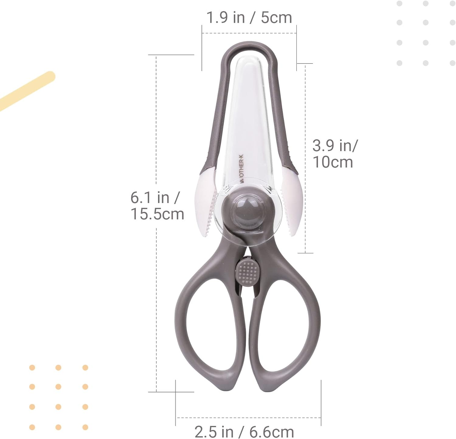 MOTHER-K Portable Ceramic Scissors with Tongs Set, Ceramic Scissors for Baby Food with Protective Blade Cover and Portable Case, Safety Lock (Grey) image number 2