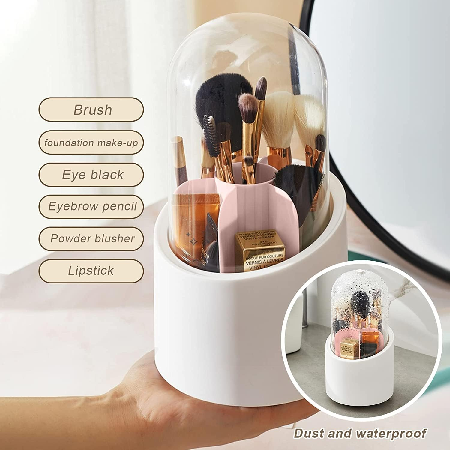 Makeup Brush Holder,360&deg; Rotating Cosmetic Organiser, Make up Storage Cosmetic Box with Dustproof Lid, for Dresser, Bedroom, Bathroom,Cosmetic Display Cases(Pearl Girl Pink) image number 2