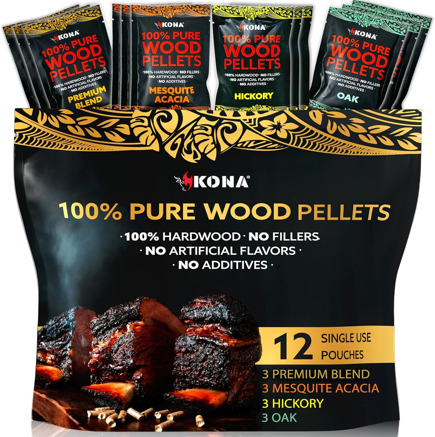 Kona Wood Pellets Intended for the Ninja Woodfire Grill, 12 Single-Use Pouches (4 Flavors) image number 1