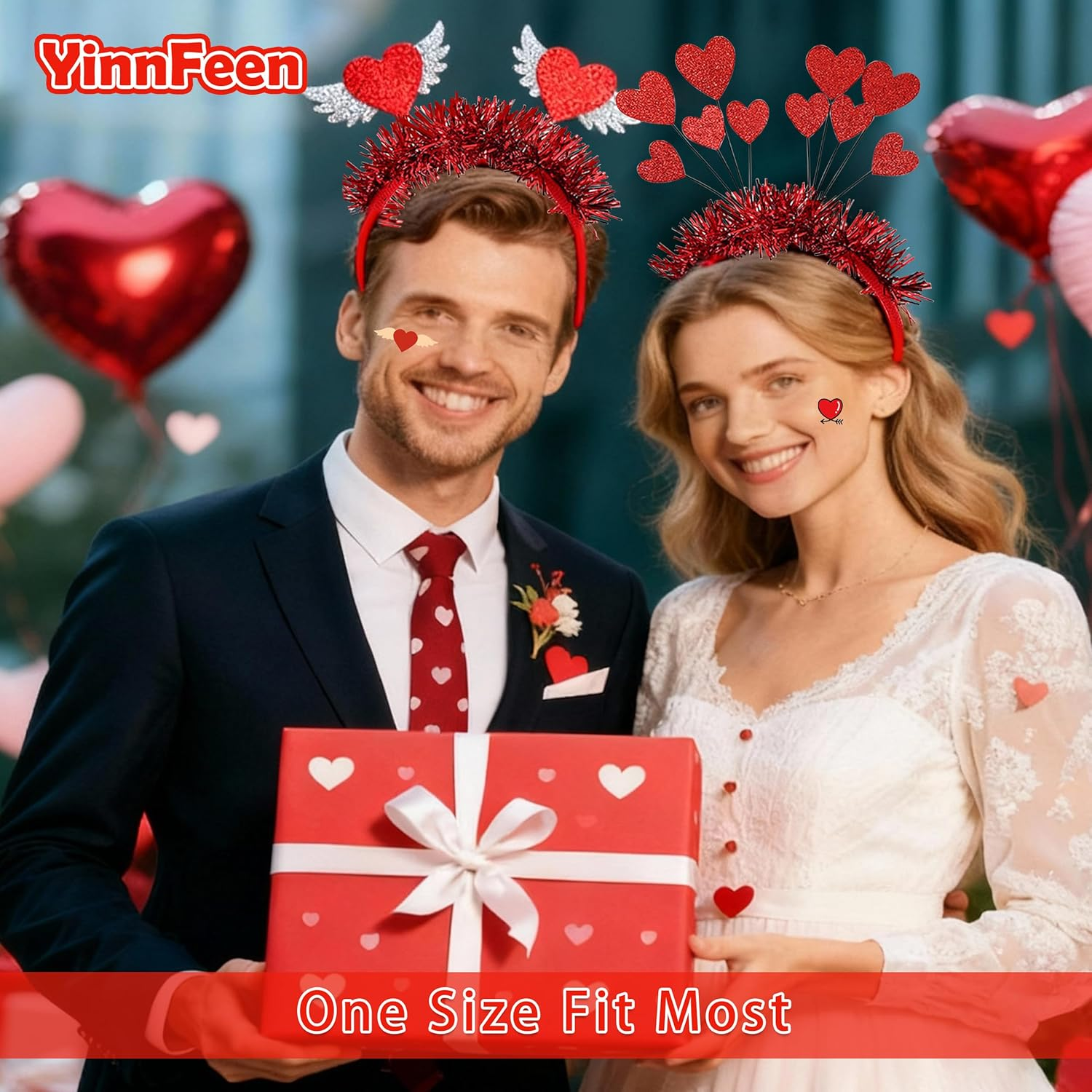 Valentines Day Headband Set, 6 Pcs Red Heart Headband and Heart Sunglasses Love Shaped Hair Hoop Headwear for Party