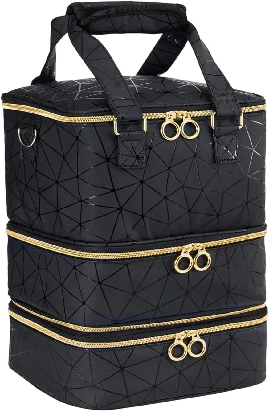 Nail Polish Organizer Bag, 3 Layers Storage Bag Holds 84 Bottles and One Nail Lamp, Large Shoulder Bag for Manicure Tools, Geometric Pattern, Nail Polish Organizer Bag image number 2