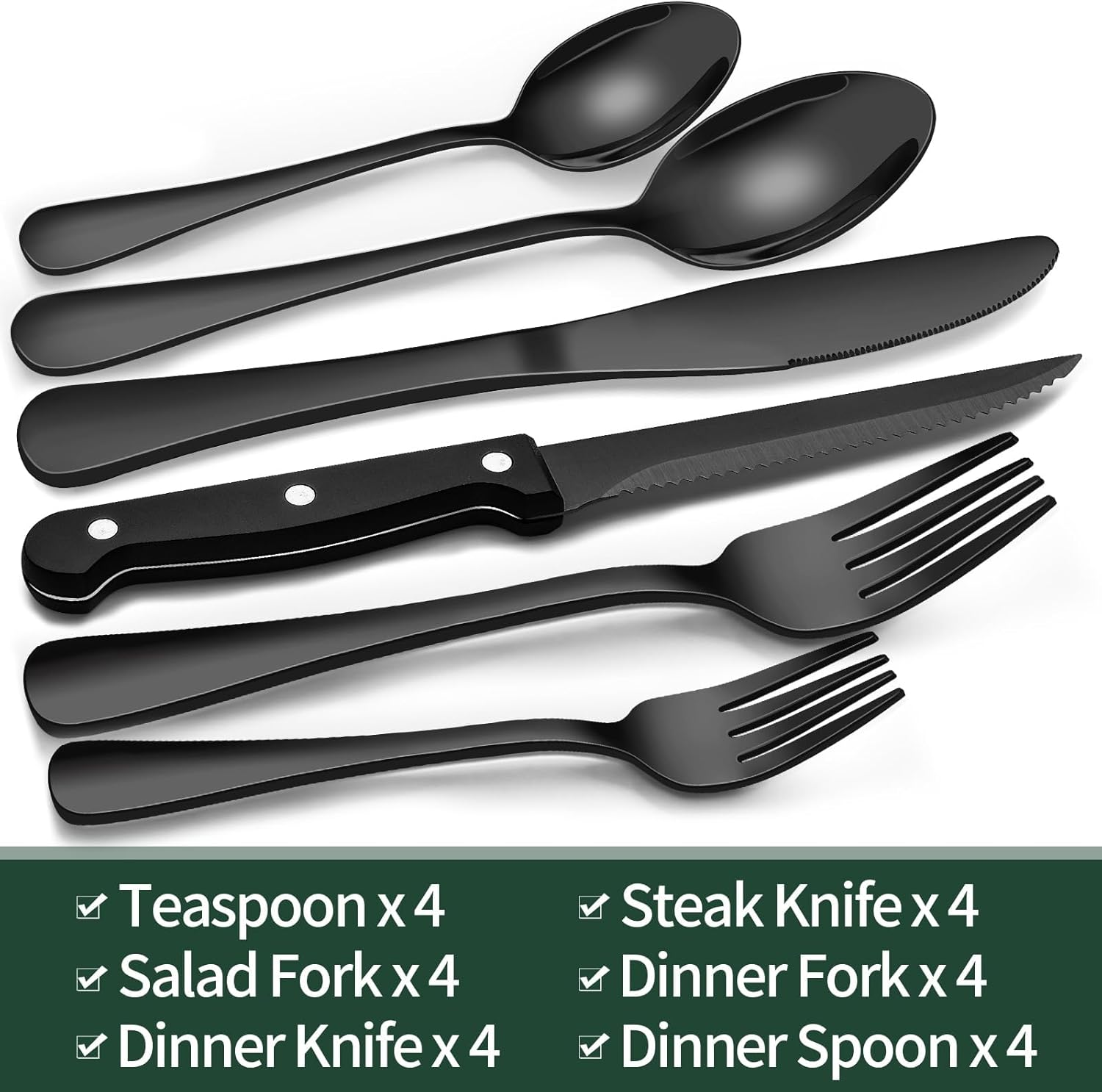 24-Piece Black Silverware Set, Stainless Steel Cutlery Set, Mirror Finish Flatware with Steak Knives image number 4