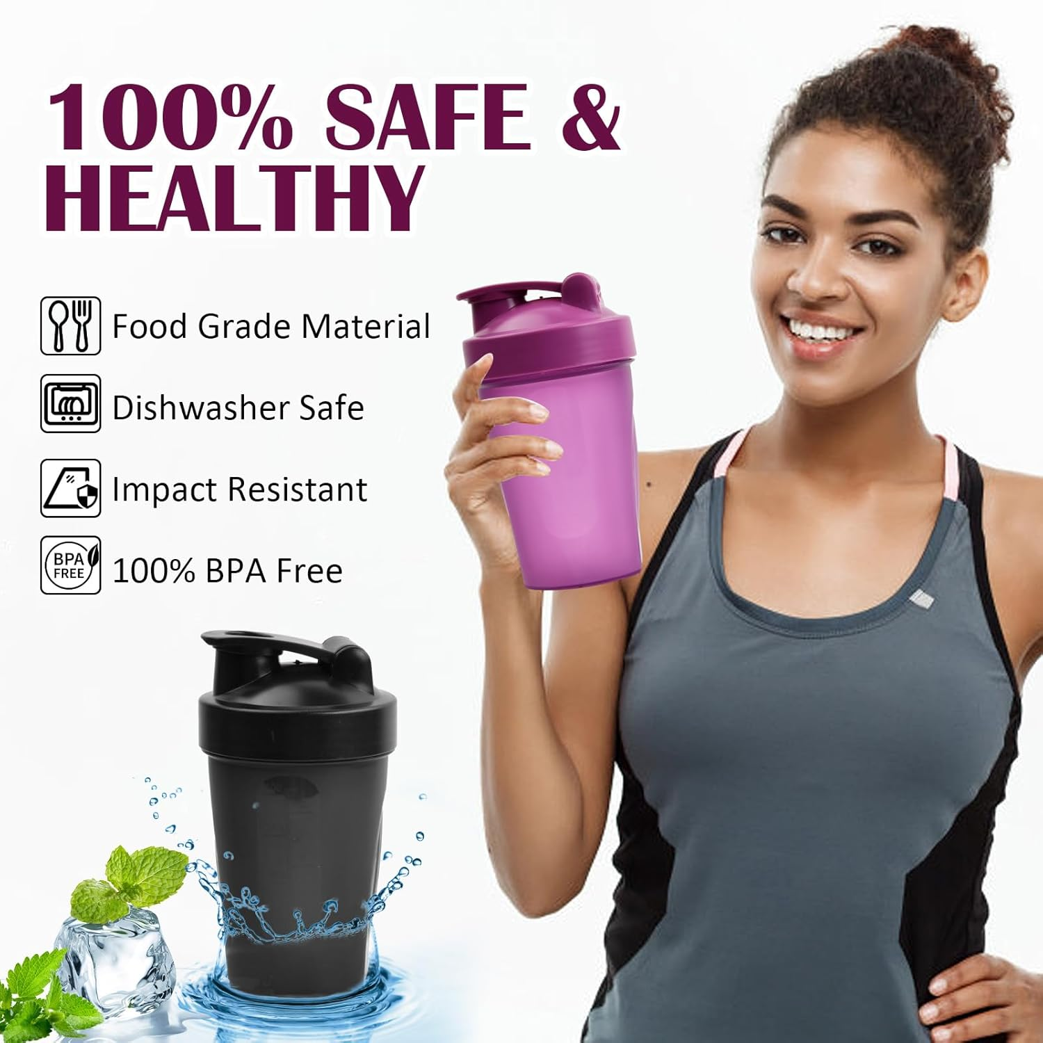 Set of 2 Protein Shaker Bottle 400 Ml Water Bottle Blender Pour Leakage -Proof with Blender Ball Drinking Bottle Bpa Free Nutrition Protein Shaker for Creamy Whey Protein Powder Shakes, Black + Purple