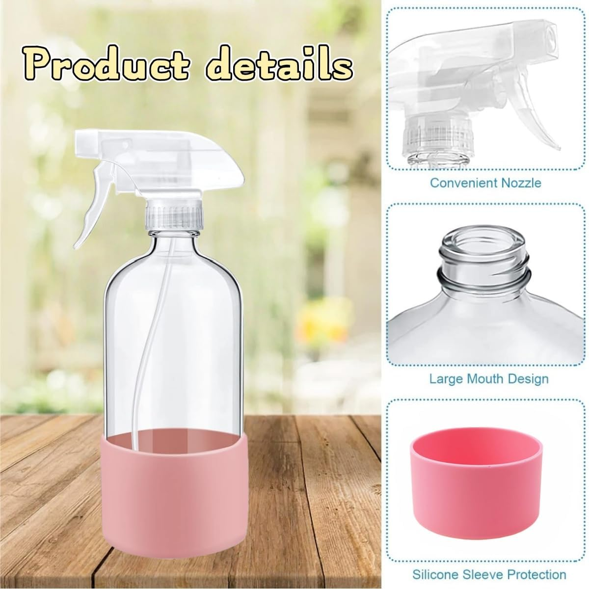 3 Pcs Glass Spray Bottles, Protected by Silicone Sleeves - Refillable to 17 Ounces, Square Adjustable Nozzles for Cleaning Solutions, Essential Oils, Hair Styling (Blue, Pink, Yellow) image number 4