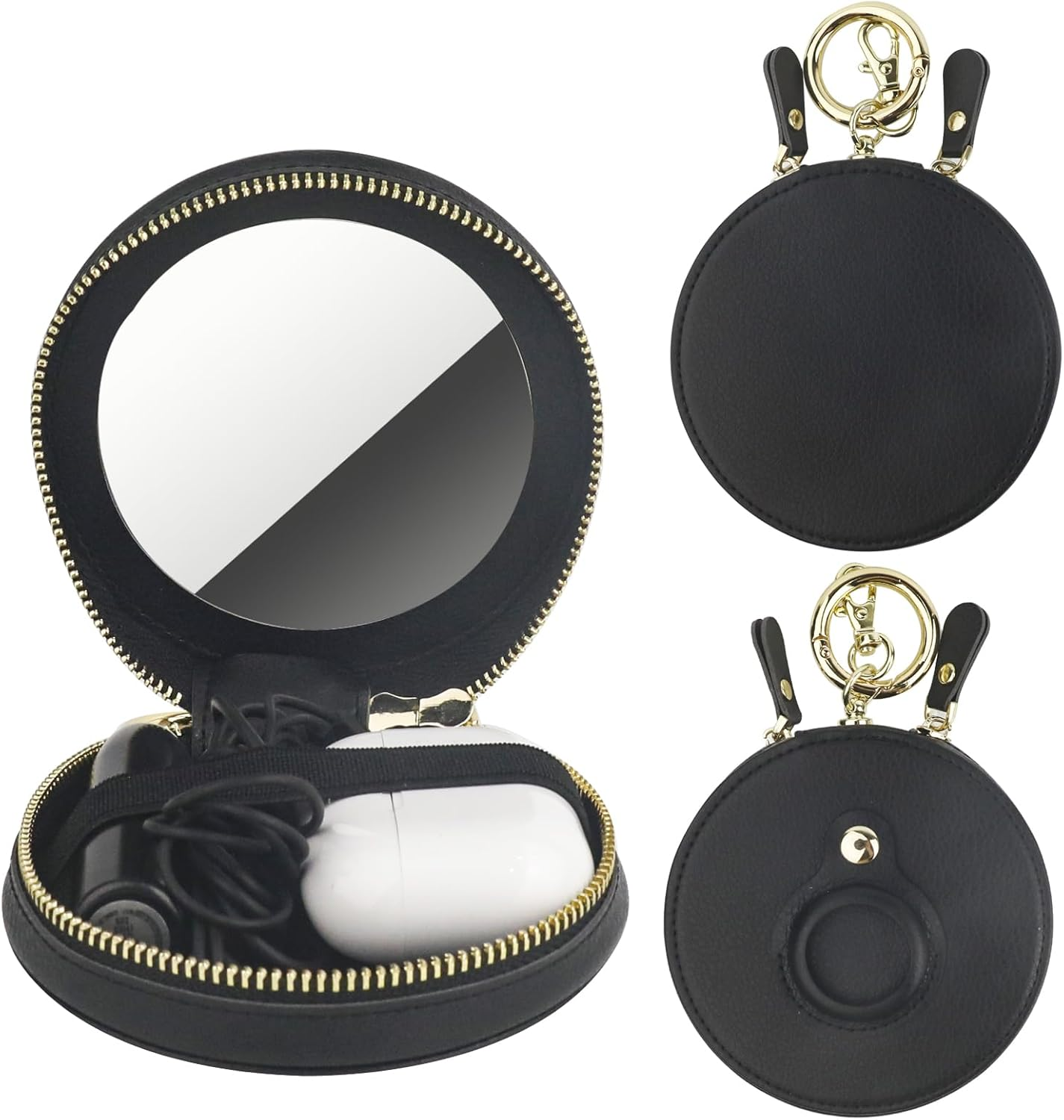 Bocasal Coin Pouch Mini Lipstick Cosmetic Bag with Airtag Holder Mirror, Leather Zipper Travel Makeup Bag Organizer Keychain Ring Clasp for Keys Earbuds Earphone Lip Gloss Chapstick Women Girls, Black