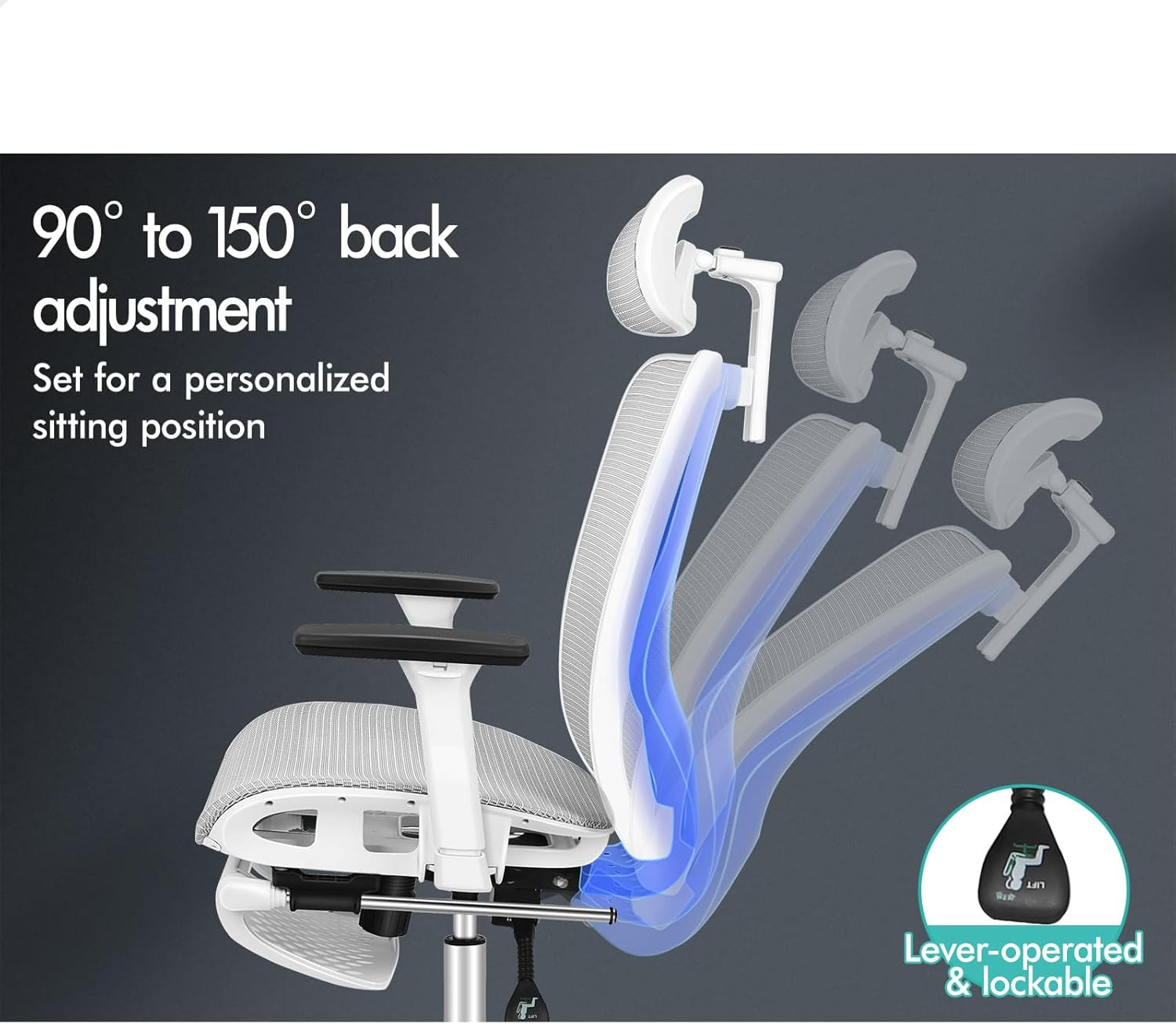 ALFORDSON Ergonomic Mesh Office Chair with 3D Armrest, Recline & Tilt Executive Study Chair with Adaptive Lumbar Support, Computer Gaming Desk Chair with Adjustable Headrest & Footrest, White Grey image number 6