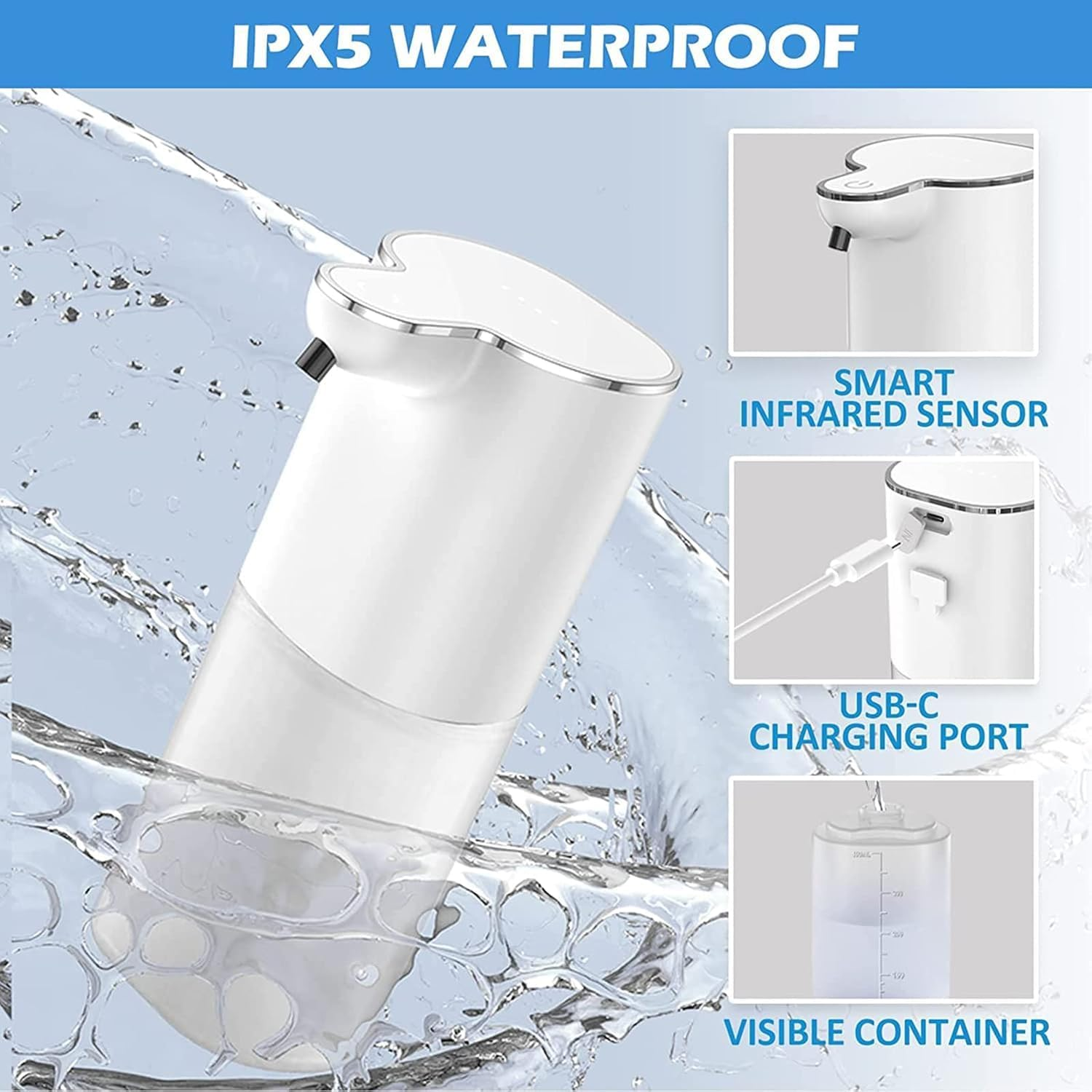 Youker Soap Dispenser Automatic Liquid Soap Dispenser 13.5Oz/400Ml Wall Mount Liquid Dispenser USB Rechargeable Touchless Hand & Dish Soap Dispenser Waterproof Pump for Bathroom Kitchen image number 2