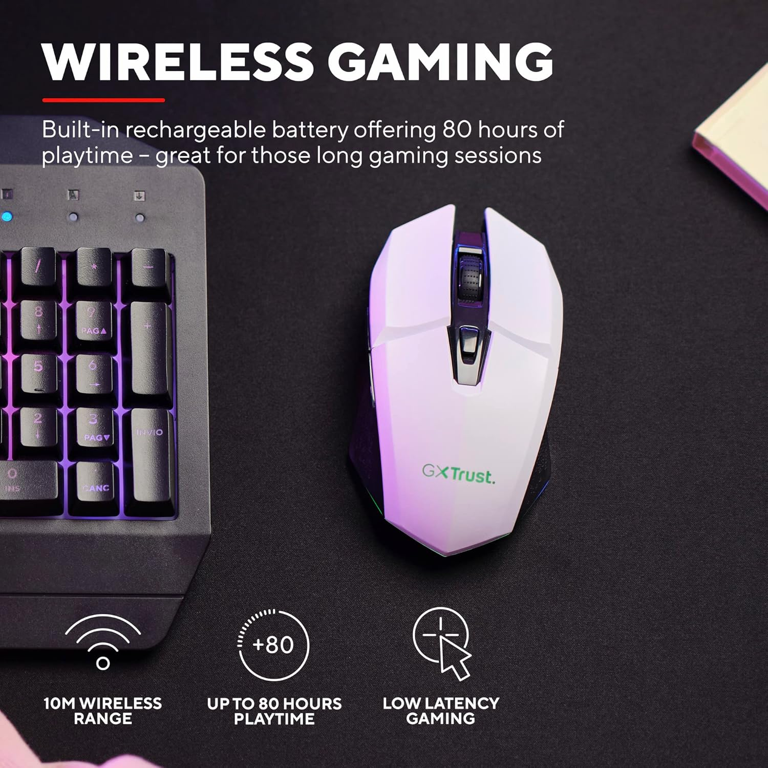 Trust Gaming GXT 794W 3-In-1 TKL Gaming Mouse and Keyboard Kit, Italian QWERTY Layout, Recycled Plastic Keyboard, Wireless Mouse 80 Hours Runtime, Mat, RGB PC Gamer Bundle Pack, White image number 6