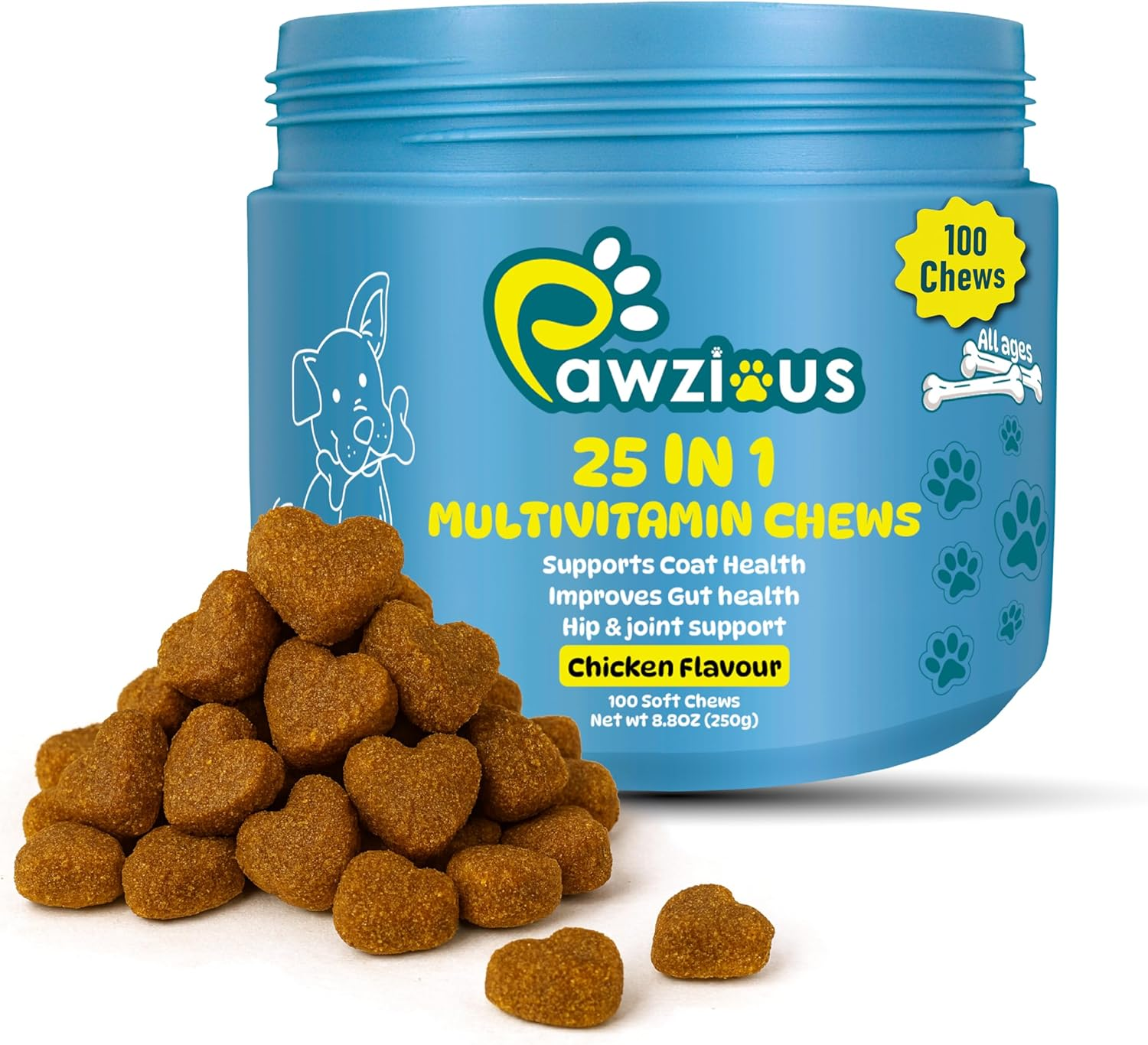 25 in 1 Multivitamins for Dogs, Dog Supplements, Minerals with Omega 3 Fish Oil, Glucosamine, Chondrian & Zinc for Joints, Digestion, Heart, Skin & Coat Care, (100 Soft Chews - Chicken Flavor) image number 3