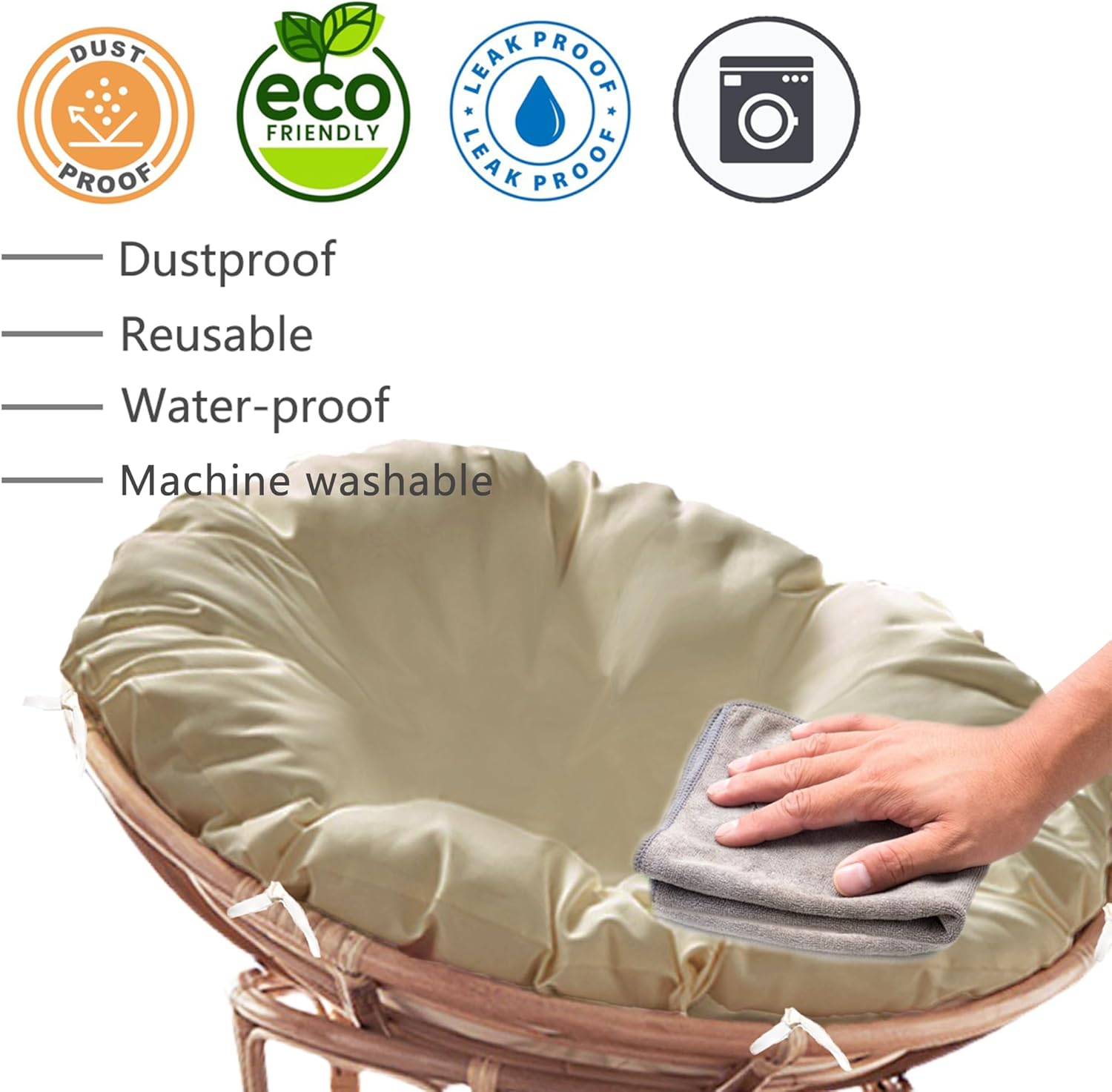 Sqodok Papasan Cushion Cover Only, 50In, Beige, Quilted, Water Resistant, Machine Washable, Indoor/Outdoor, Porch Swing, Sofa, Papasan Chair image number 4