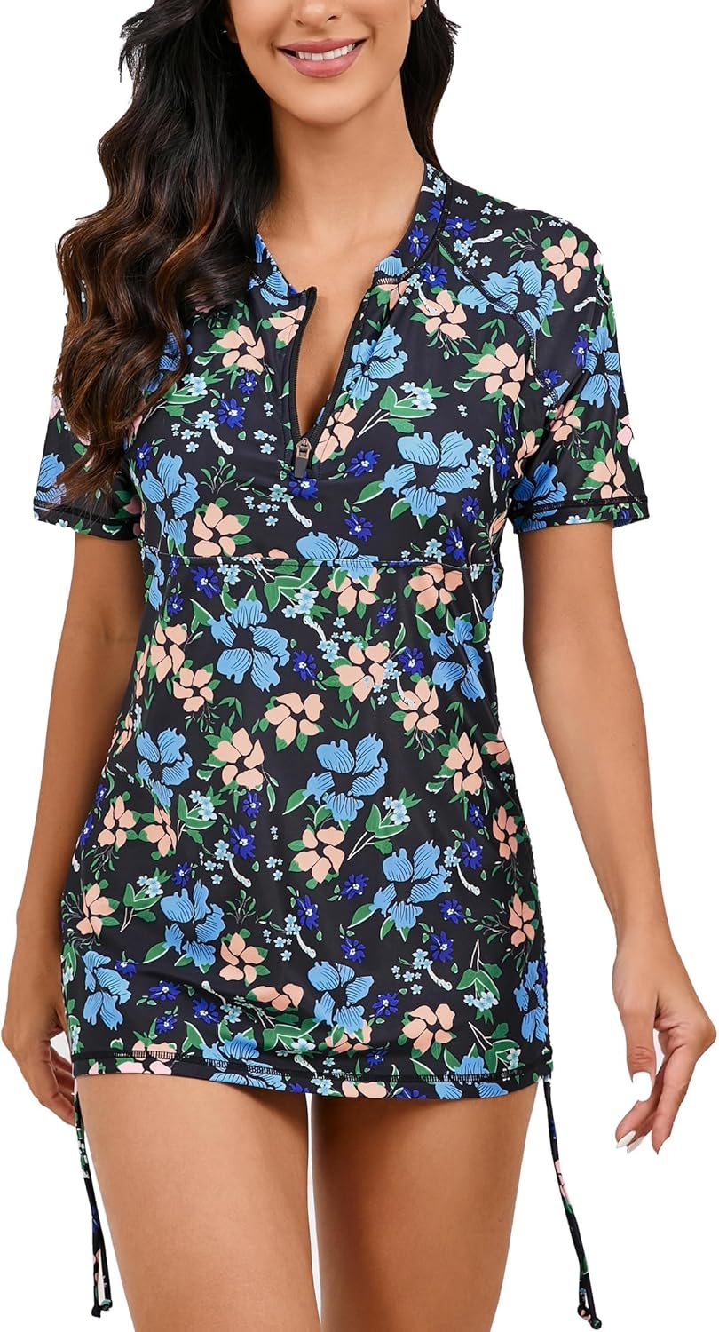 Halcurt Women UPF 50 Rash Guard Striped Long Sleeves Bathing Tops Surf Sun Shirt