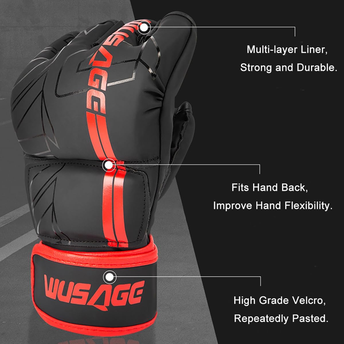 MMA Gloves, Open Palm Martial Arts Grappling Mitts with Long Wrist Grip, Martial Arts Mitts Sparring Men Thai Cage for Sparring, Punching Bag, Kickboxing, Karate Combat and Training image number 6