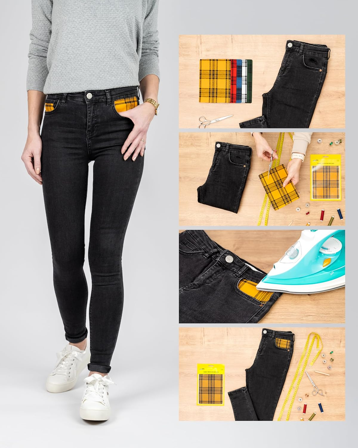 ZEFFFKA Premium Quality Large Plaid Tartan Fabric Iron-On Patches inside & outside Strongest Glue 100% Cotton Repair Decorating Kit Jeans Modern Cool Design 5 Pieces Size 5" by 7" (13 Cm X 18 Cm) image number 6