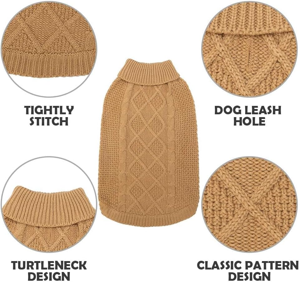 Mihachi Turtleneck Dog Sweater - Winter Coat Apparel Classic Cable Knit Clothes with Leash Hole for Cold Weather, Ideal Pet in New Year Khaki image number 5