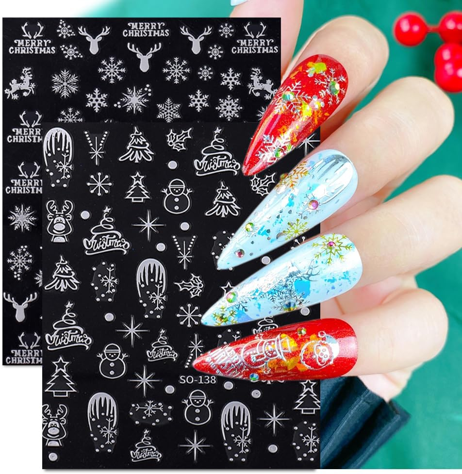 Christmas Nail Stickers, 8 Sheets, Self-Adhesive Snowflake 3D Gold Silver Snowflake Nail Stickers, Winter Nail Art Decals Design, DIY Decoration image number 3