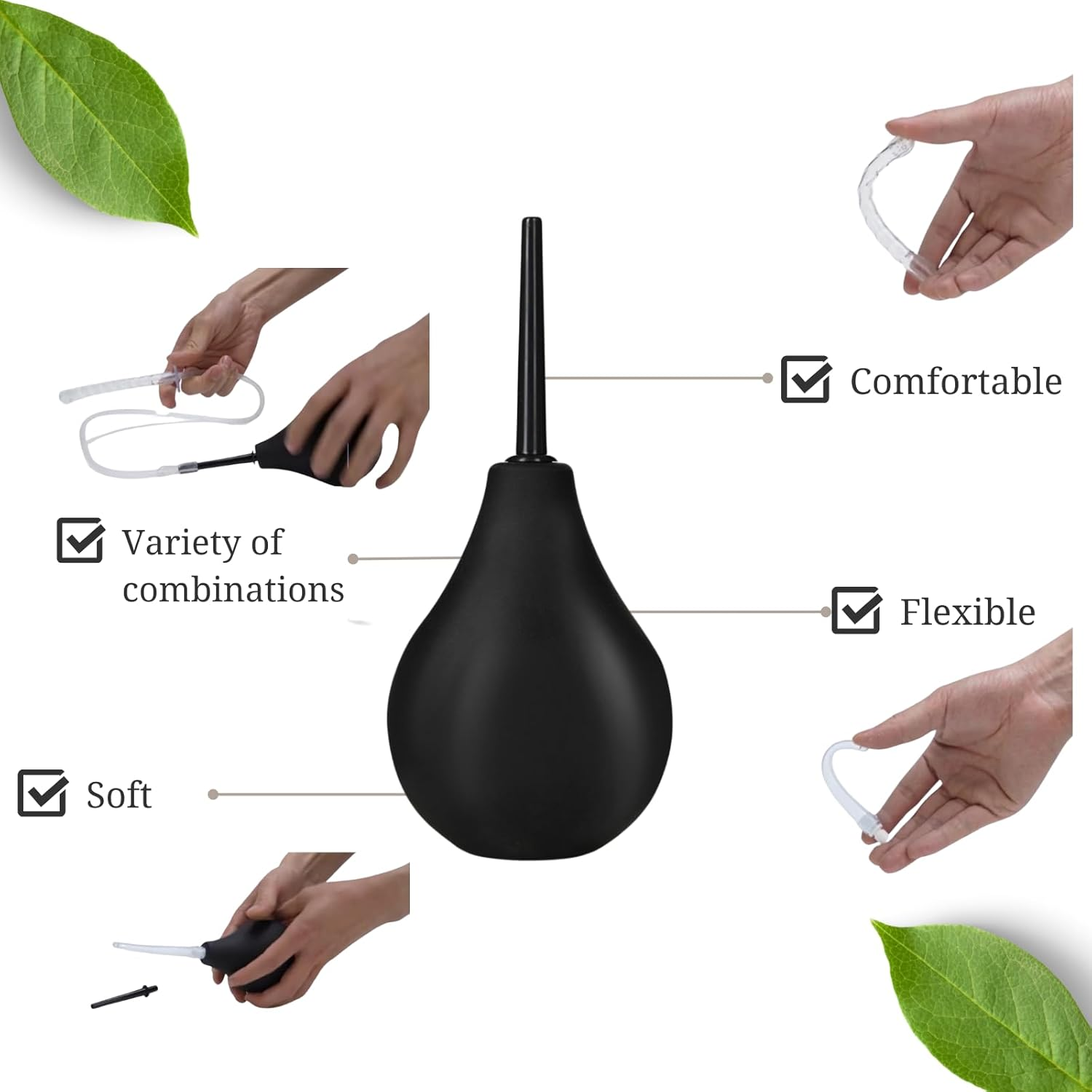 Enema Bulb Kit ， Douche for Men Women Beginners， with 19.7In Hose+4 Nozzles (Black) image number 2