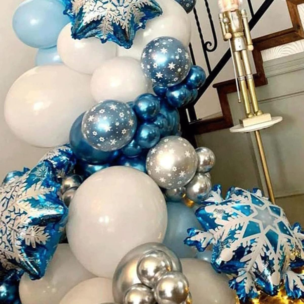 140PCS Frozen Birthday Party Supplies, Ice Snow Snowflake Balloon Garland Arch Kit Blue Snowflake Foil Balloons Metallic Blue Balloons White Balloons Baby Shower Christmas Party Decorations (Blue) image number 5