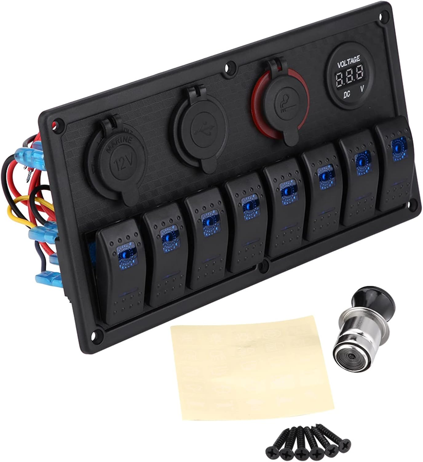 8 Gang Car Rocker Switch Panel with Blue LED Light Indicator, USB, Voltmeter for Boat, Ship, Car, 12V-24V Vehicles