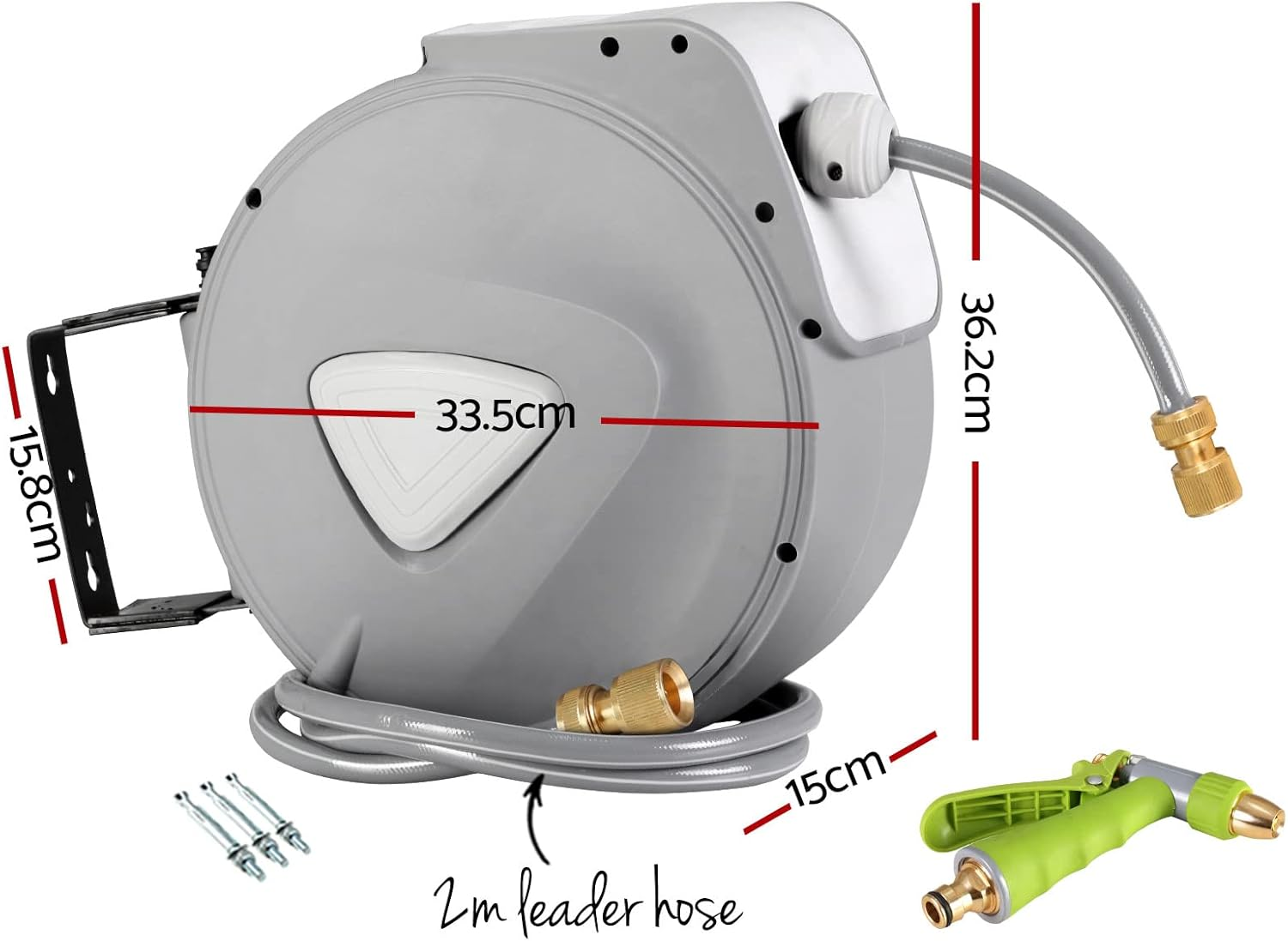 Retractable Hose Reel, 20M Garden Pressure Water Washer Spray Gun Auto Reels Hoselink Wall Watering Hoses Indoor Outdoor Retracting Storage, 180&deg; Swivel Mount Built-In Handle Rubber Stopper Grey image number 6