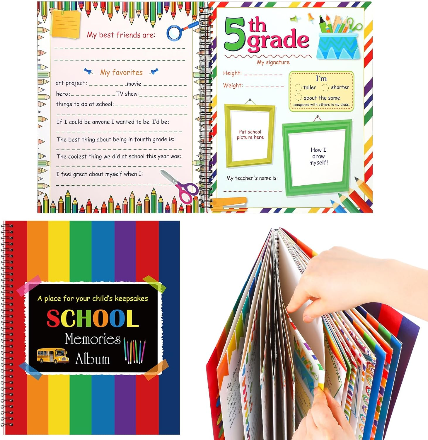 School Memory Book Photo Album for Kids, School Years Keepsake Book Album Scrapbook from Preschool through 12Th Grade with 14 Pocket for Storage Portfolio Every Grade Pictures (Rainbow)