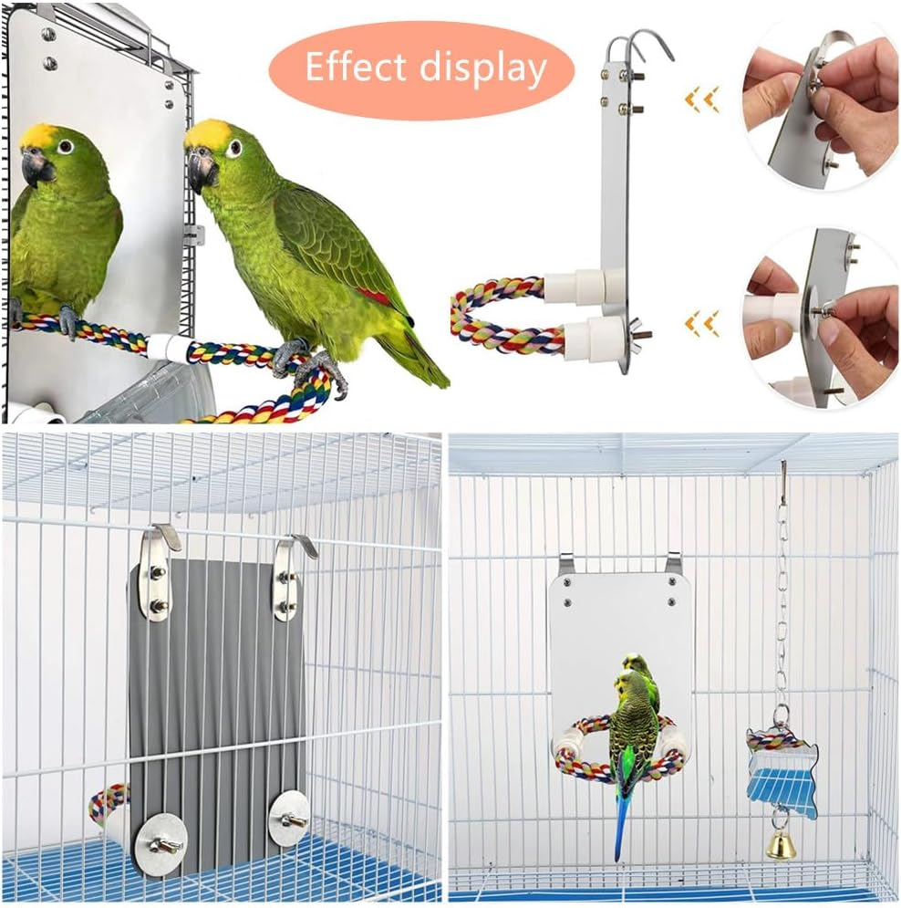 Budgie Mirror Bird Mirror，Granmagazz Bird Stand Perch with Mirror, Bird Cotton Rope Stand Swing Parrot Cage Toys for Parrot Budgies Parakeet Cockatiel Conure Finch Lovebird Macaw Cage Hanging image number 3
