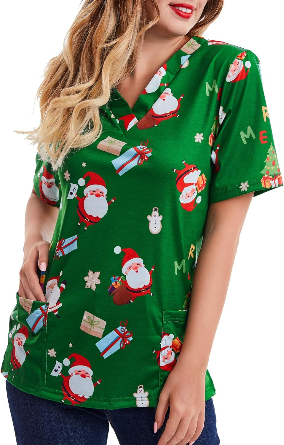 SATINIOR Women Mock Wrap Top Holiday Christmas Print Neck Shirt, Christmas Green image number 4