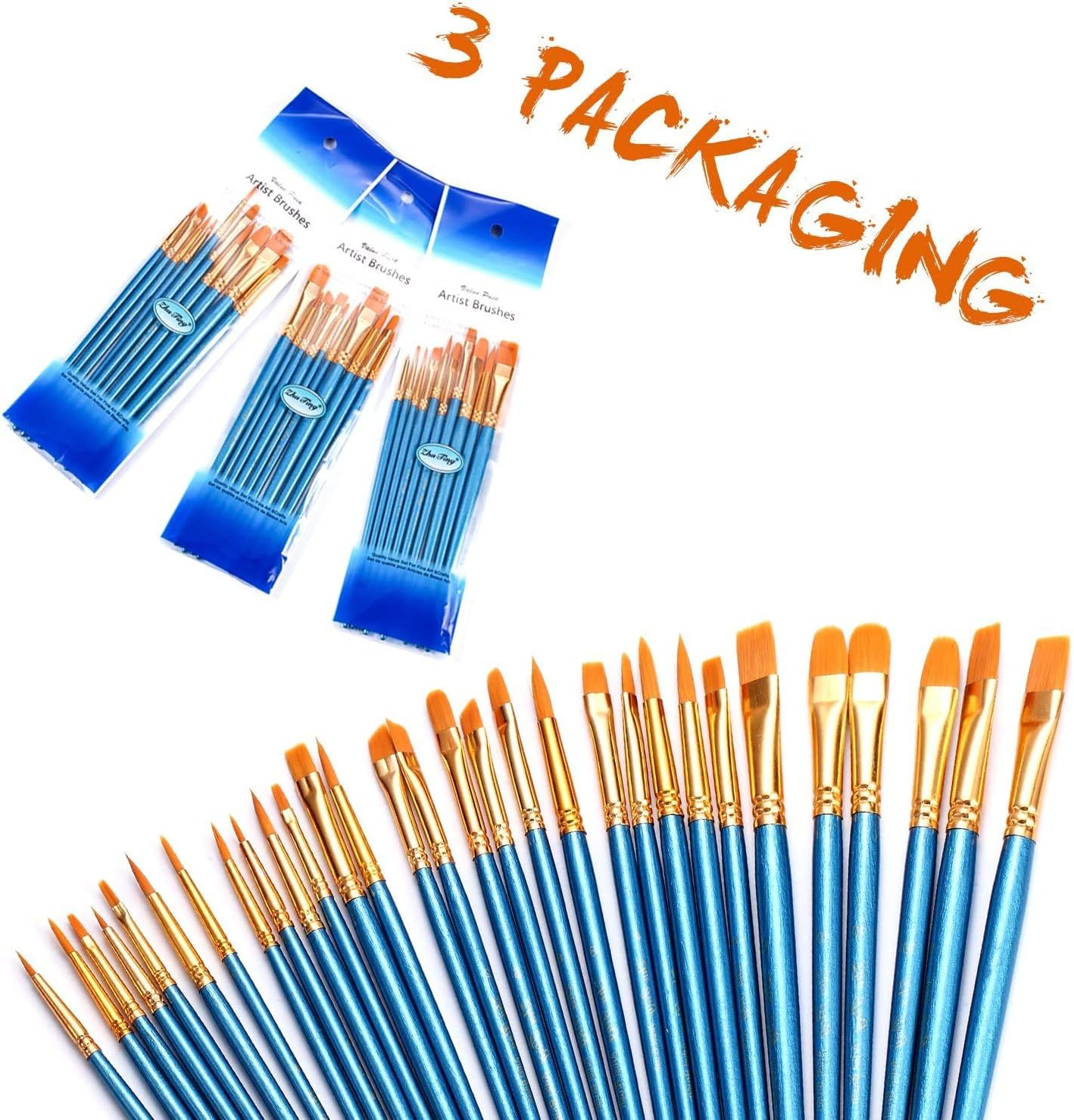 3 Pack Paint Brush Set, 30 Pcs Nylon Hair Brushes for Acrylic Oil Watercolor Painting Artist Professional Painting Kits image number 1