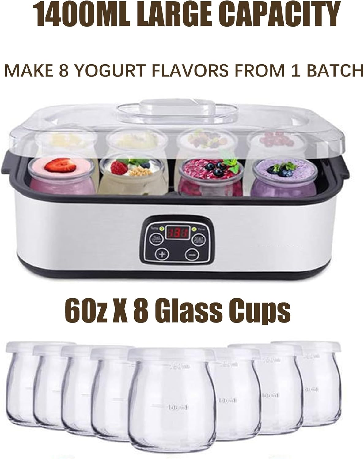 Yogurt Maker, Automatic Digital Yogurt Maker Machine with Adjustable Temperature & Time Control, Stainless Steel Cheese Maker, Fruit Wine Maker with LCD Display(Au Plug) image number 1