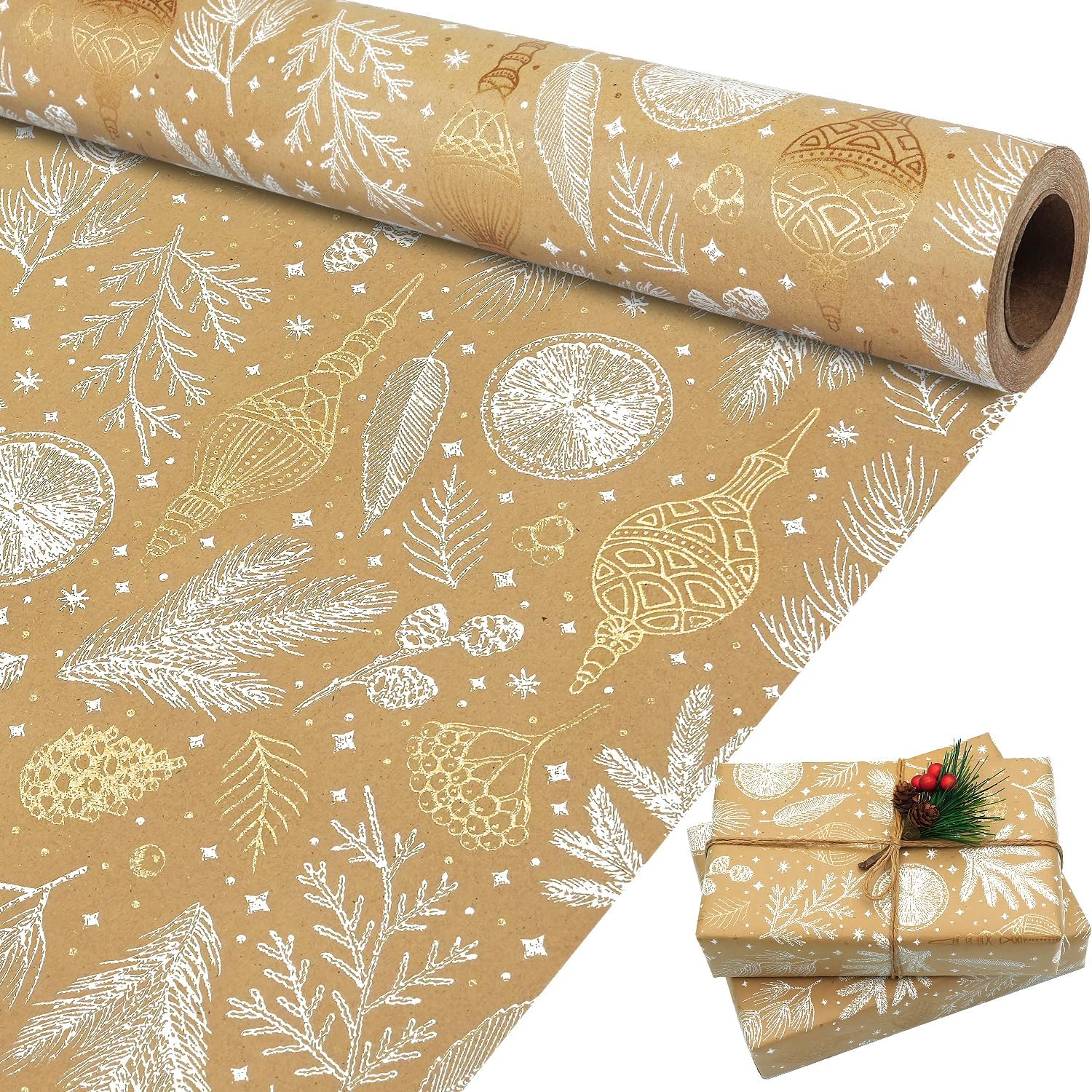 MAMUNU Christmas Wrapping Paper Roll - Vintage Brown Kraft Gift Paper with Snowflake Design - Gift Wrap for Christmas Holiday Birthday Party - Great for Girls Boys Women Men - 17Inch X 49Feet
